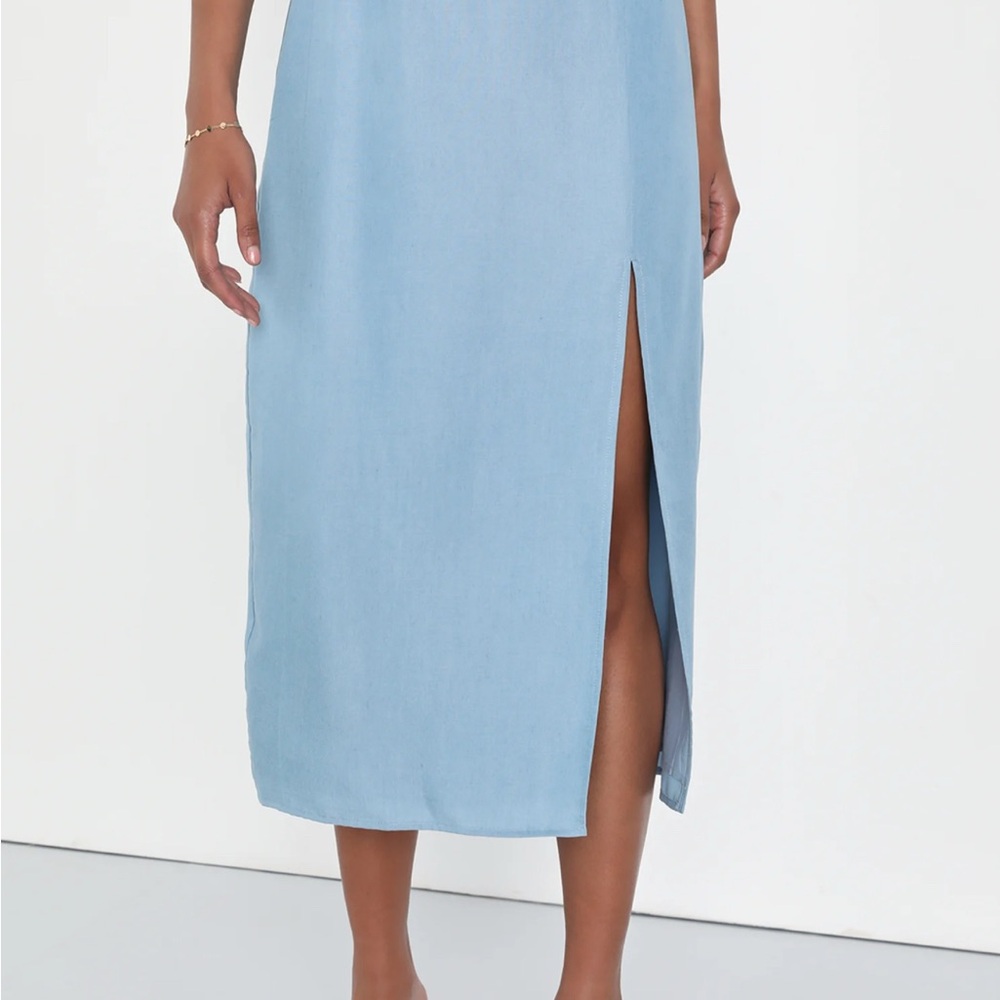 Dreamy Wonder Light Blue Chambray High-Rise Midi Skirt